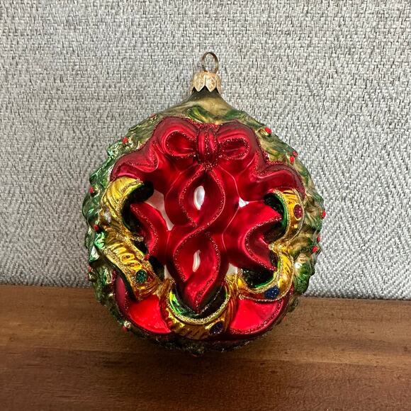 Vintage Kurt Adler Polonaise Five Golden Rings Glass Christmas Ornament Wreath - Picture 1 of 7